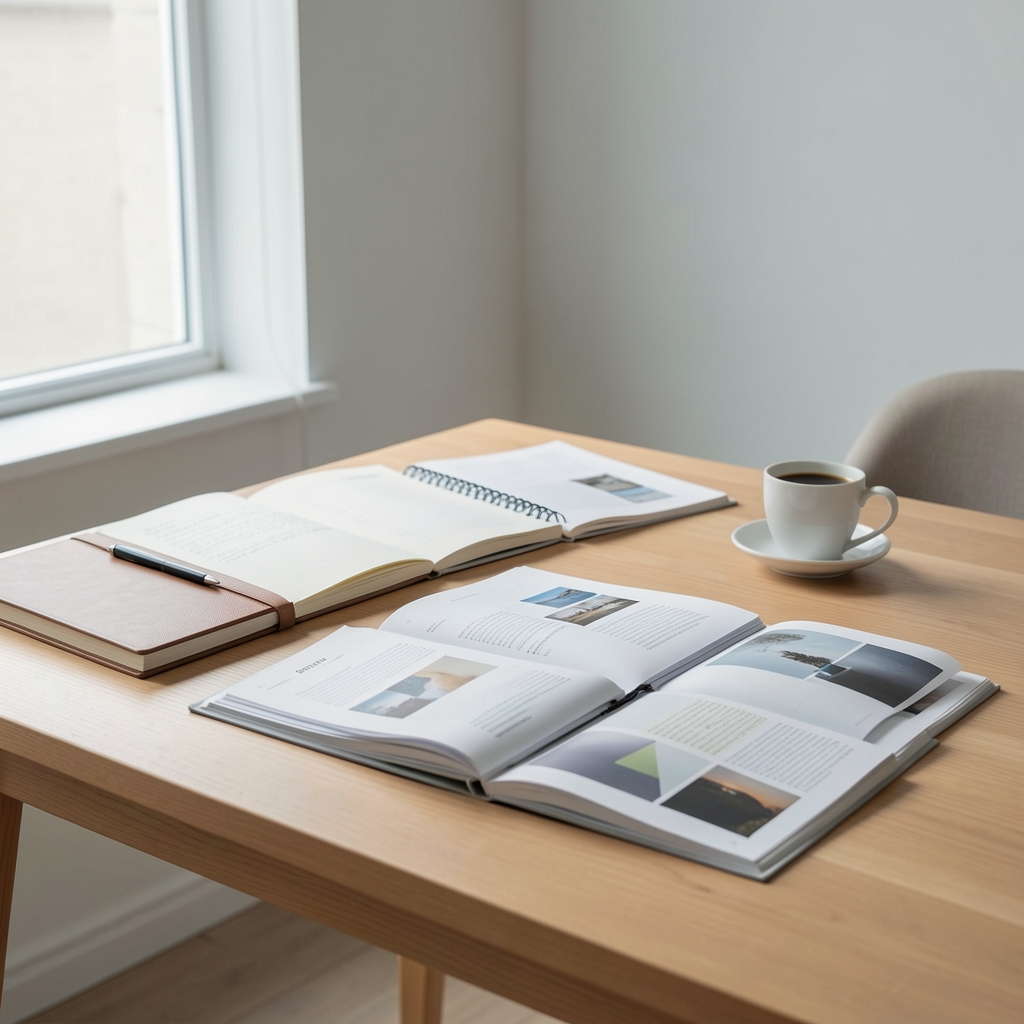 Editorial workspace in a South Jakarta studio with natural light, notebooks, open reference materials and a cup of coffee on a clean wooden desk