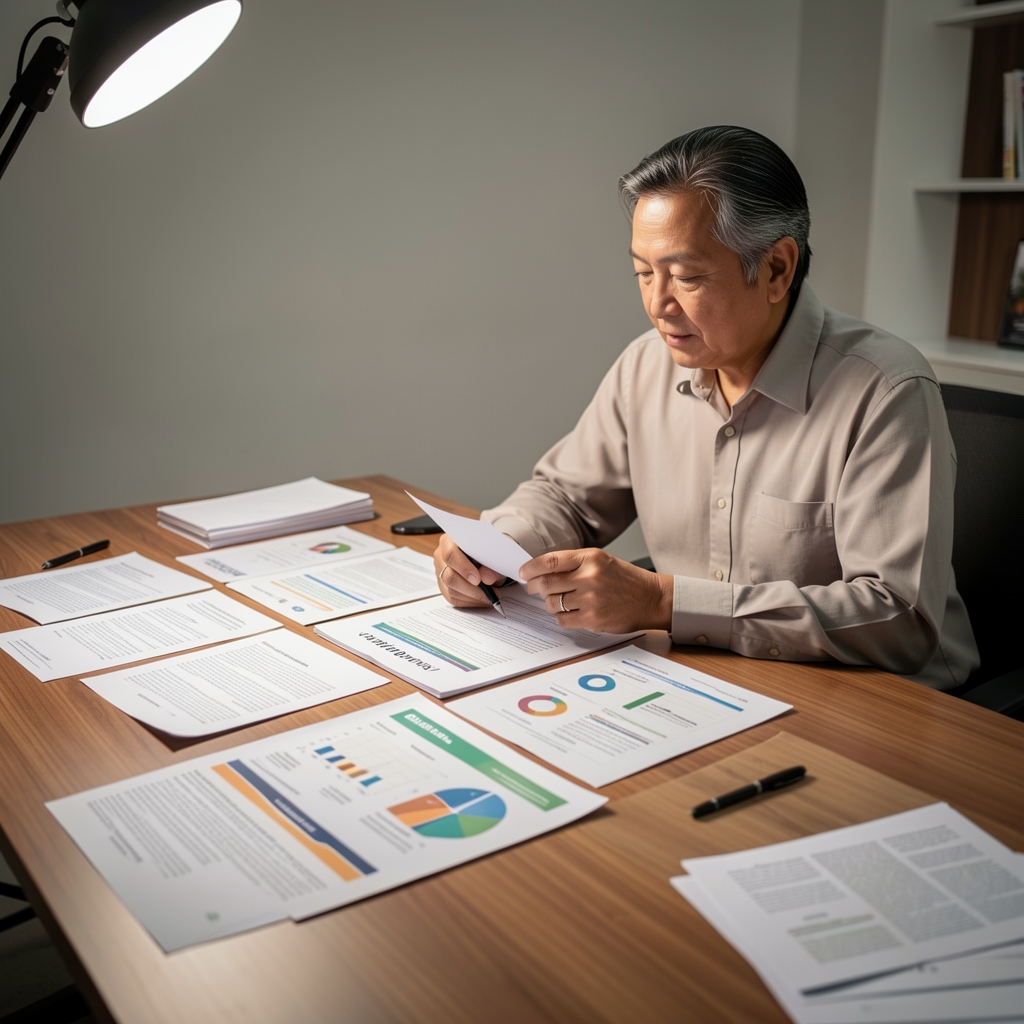 Senior editor reviewing printed wellness research documents spread across a large table under studio lighting in Jakarta