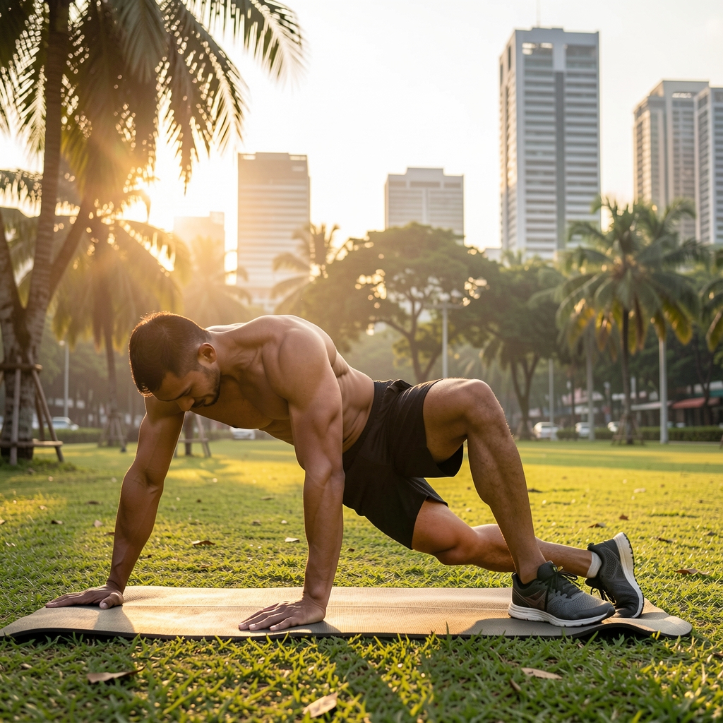 Man performing morning bodyweight training outdoors in a park during sunrise, athletic build, Jakarta urban environment