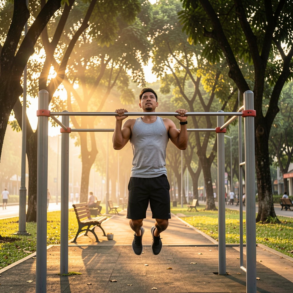 Man performing pull-ups on an outdoor bar in a Jakarta public park at early morning, athletic physique, warm sunrise light filtering through trees