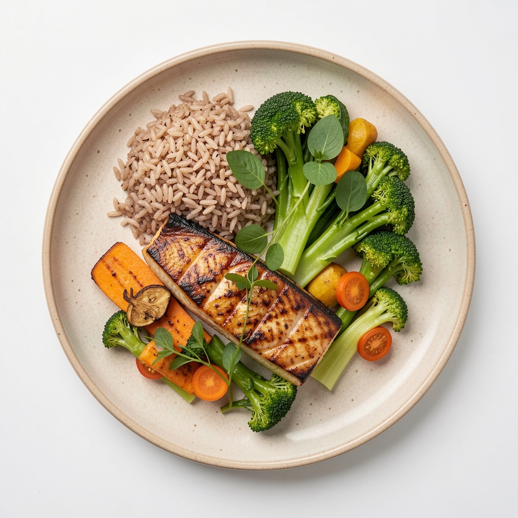 Top-down view of a balanced meal with grilled fish, brown rice, steamed vegetables and fresh herbs arranged on a ceramic plate, bright studio lighting