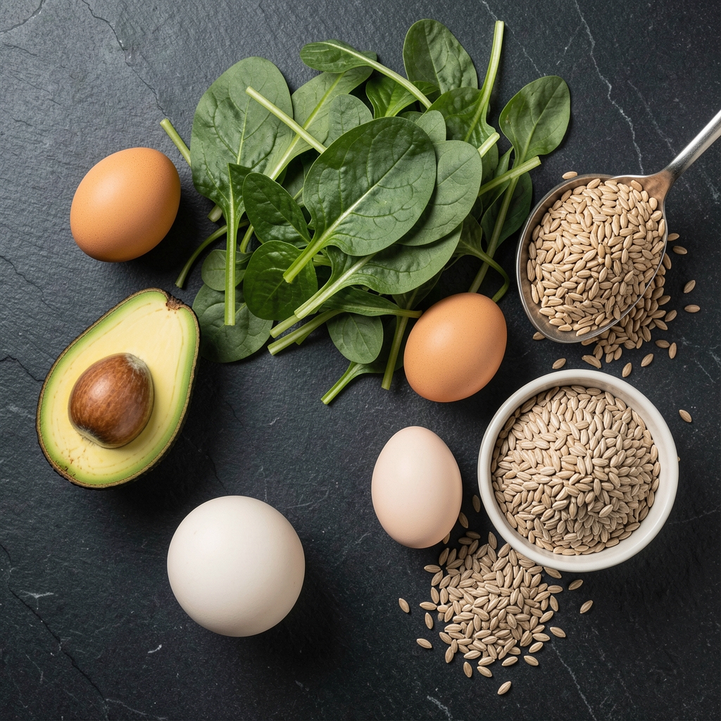 Flat lay of whole food ingredients including avocado, leafy greens, eggs and whole grains arranged on a dark stone kitchen surface